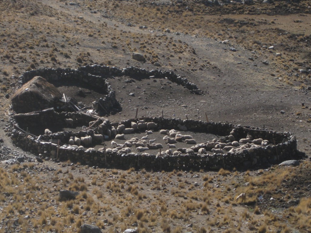 Bauernhaus und Zaun aus Steinen. Etwas oberhalb des Dorfes Choquekhota